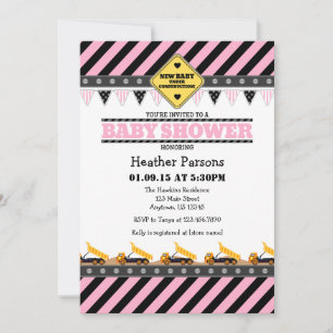 Pink Construction Baby shower Invitation Kaart