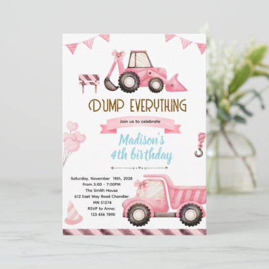 Pink Construction Birthday Invitation Kaart (Staand voorkant)