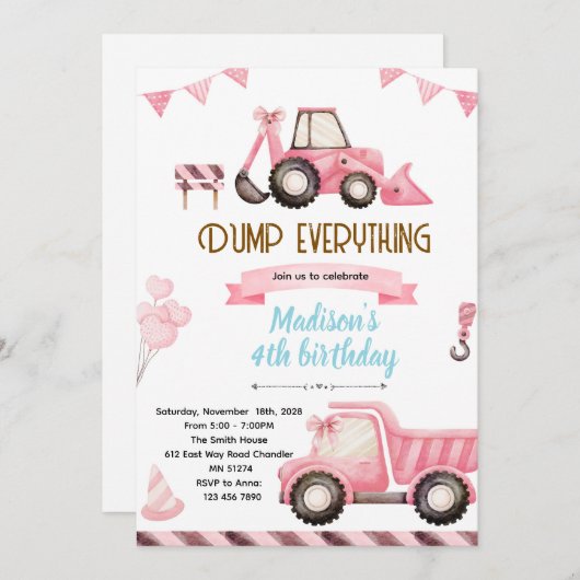 Pink Construction Birthday Invitation Kaart (Voorkant / Achterkant)