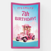 Pink Convertible Beach Birthday Spandoek (Verticaal)