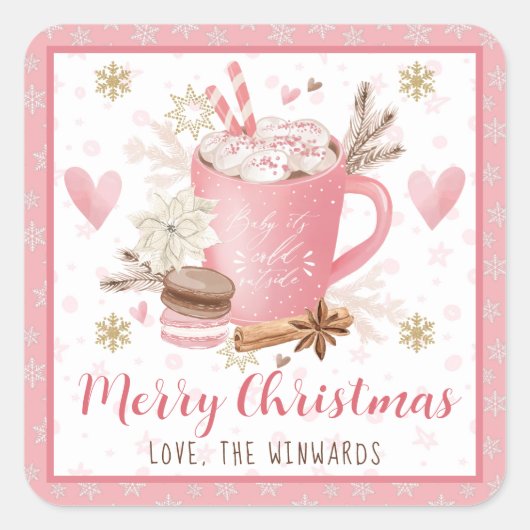Pink Cookies & Cocoa Merry Christmas Vierkante Sticker (Voorkant)