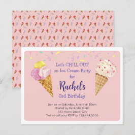 Pink Cool Ice Cream Kids Verjaardagsfeestje Uitnodiging Briefkaart