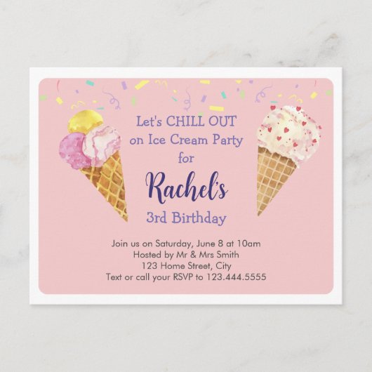 Pink Cool Ice Cream Kids Verjaardagsfeestje Uitnodiging Briefkaart (Voorkant)