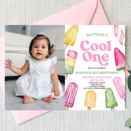 Pink Cool One Popsicle Afbeelding 1e Verjaardagsfe Kaart