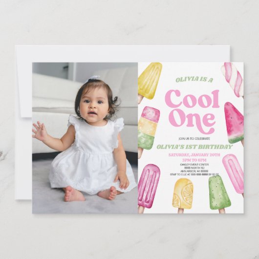 Pink Cool One Popsicle Afbeelding 1e Verjaardagsfe Kaart (Voorkant)