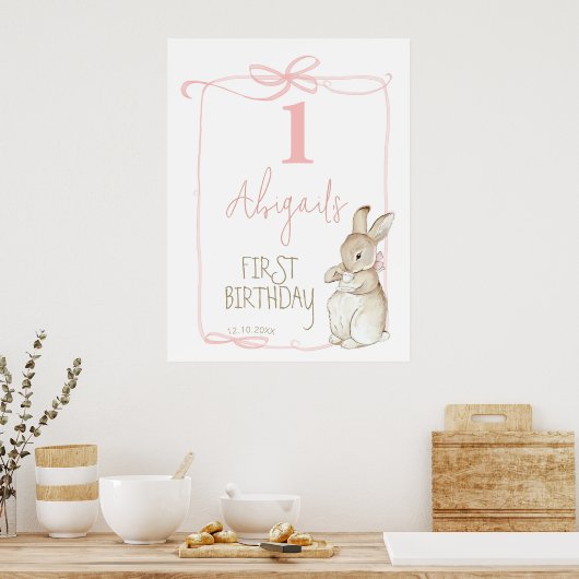 Pink Coquett Peter the Rabbit 1st Birthday Welcome Poster (Keuken)