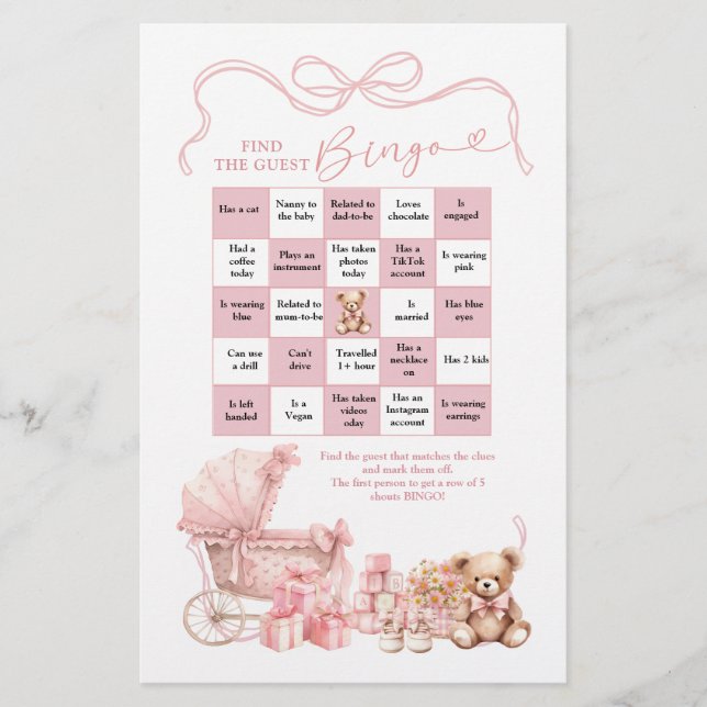 Pink Coquette Baby Carriage Find The Guest Bingo (Voorkant)