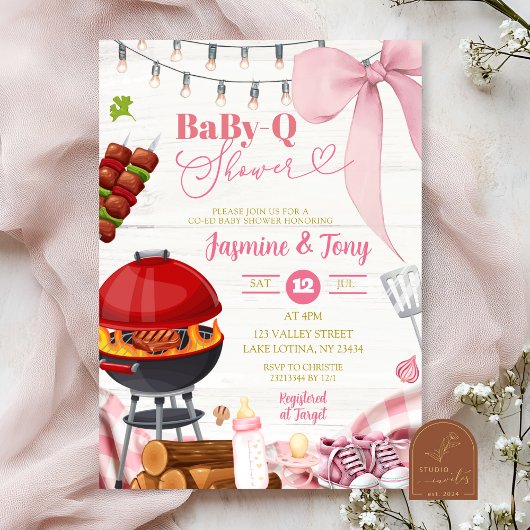 Pink Coquette Backyard BabyQ Baby Shower Kaart