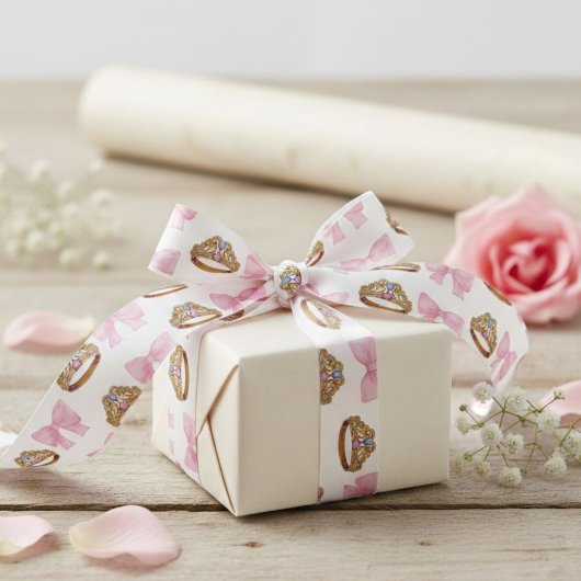Pink Coquette Bow and Tiara Pattern Satin Ribbon Satijnen Lint