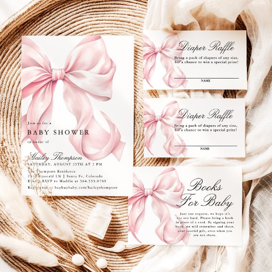 Pink Coquette Bow Baby Shower, Diaper Raffle Card Informatiekaartje