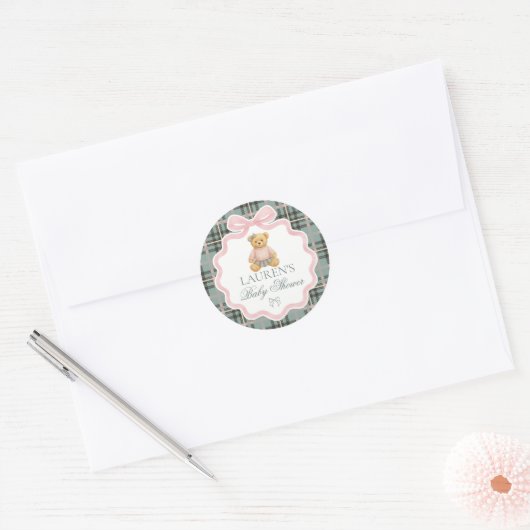 Pink Coquette Bow Bear Baby Shower Envelope Seal Ronde Sticker (Envelop)