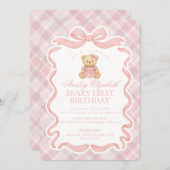 Pink Coquette Bow Bear Beary First Birthday Kaart (Voorkant / Achterkant)