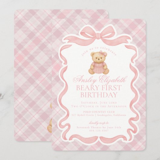 Pink Coquette Bow Bear Beary First Birthday Kaart (Voorkant / Achterkant)