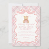 Pink Coquette Bow Bear Beary First Birthday Kaart (Voorkant)