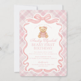 Pink Coquette Bow Bear Beary First Birthday Kaart