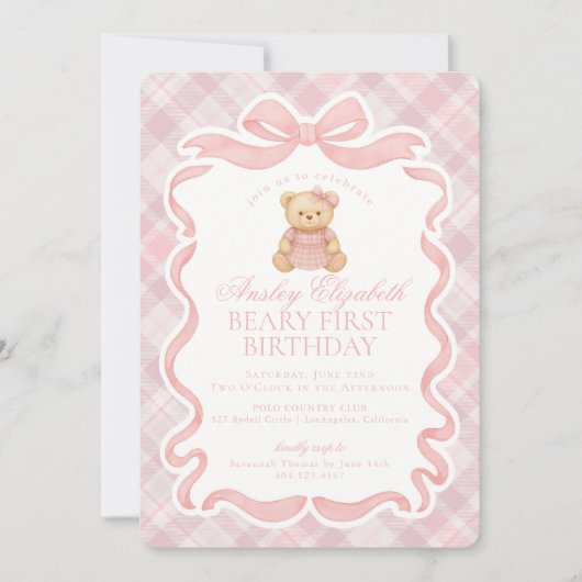 Pink Coquette Bow Bear Beary First Birthday Kaart (Voorkant)