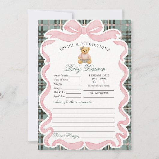 Pink Coquette Bow Bear Girl Advice for Baby Card Kaart (Voorkant)