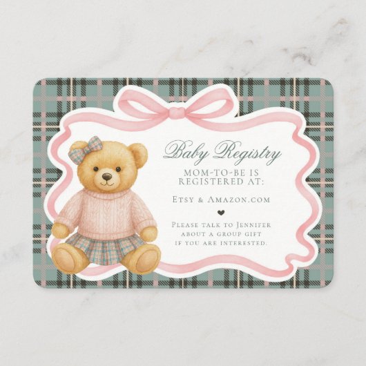 Pink Coquette Bow Bear Plaid Baby Registry Card Informatiekaartje (Voorkant)