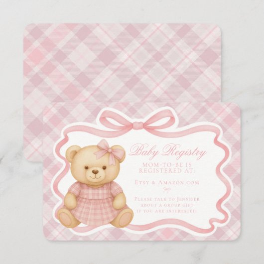 Pink Coquette Bow Bear Plaid Baby Registry Card Informatiekaartje (Voorkant / Achterkant)