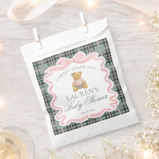 Pink Coquette Bow Bear Plaid Baby Shower Dessert Bedankzakje (Geknipt)