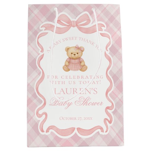Pink Coquette Bow Bear Plaid Baby Shower Favors Medium Cadeauzakje (Voorkant)
