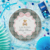 Pink Coquette Bow Bear Plaid Baby Shower  Papieren Bordje (Feest)