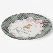 Pink Coquette Bow Bear Plaid Baby Shower  Papieren Bordje (Gekanteld)