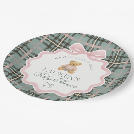 Pink Coquette Bow Bear Plaid Baby Shower  Papieren Bordje (Gekanteld)