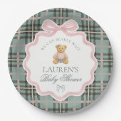 Pink Coquette Bow Bear Plaid Baby Shower  Papieren Bordje (Voorkant)