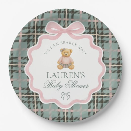 Pink Coquette Bow Bear Plaid Baby Shower  Papieren Bordje (Voorkant)