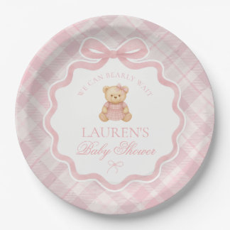 Pink Coquette Bow Bear Plaid Baby Shower  Papieren Bordje