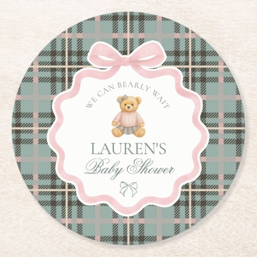 Pink Coquette Bow Bear Plaid Baby Shower  Ronde Kartonnen Onderzetter (Voorkant)