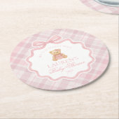 Pink Coquette Bow Bear Plaid Baby Shower  Ronde Kartonnen Onderzetter (Gebogen)