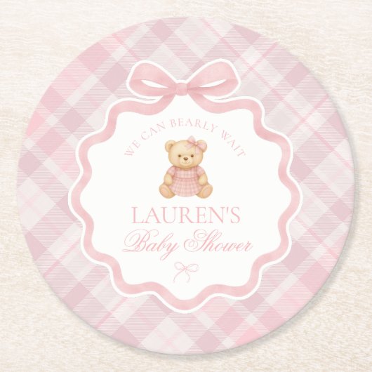 Pink Coquette Bow Bear Plaid Baby Shower  Ronde Kartonnen Onderzetter (Voorkant)