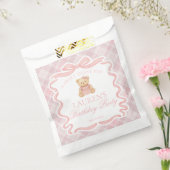 Pink Coquette Bow Bear Plaid Birthday Dessert Bedankzakje (Gezegeld)