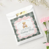 Pink Coquette Bow Bear Plaid Birthday Dessert Bedankzakje (Gezegeld)