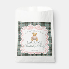 Pink Coquette Bow Bear Plaid Birthday Dessert Bedankzakje