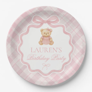Pink Coquette Bow Bear Plaid Birthday  Papieren Bordje