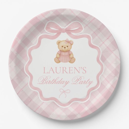 Pink Coquette Bow Bear Plaid Birthday Papieren Bordje (Voorkant)