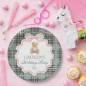 Pink Coquette Bow Bear Plaid Birthday  Papieren Bordje (Feest)