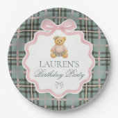 Pink Coquette Bow Bear Plaid Birthday  Papieren Bordje (Voorkant)