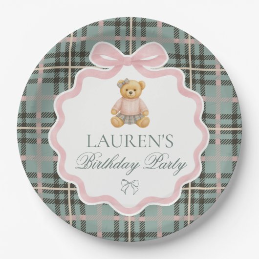 Pink Coquette Bow Bear Plaid Birthday  Papieren Bordje (Voorkant)