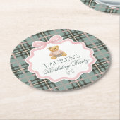 Pink Coquette Bow Bear Plaid Birthday  Ronde Kartonnen Onderzetter (Gebogen)