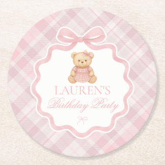 Pink Coquette Bow Bear Plaid Birthday  Ronde Kartonnen Onderzetter