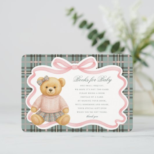 Pink Coquette Bow Bear Plaid Books for Baby Card Informatiekaartje (Staand voorkant)