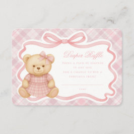 Pink Coquette Bow Bear Plaid Diaper Raffle Card Informatiekaartje