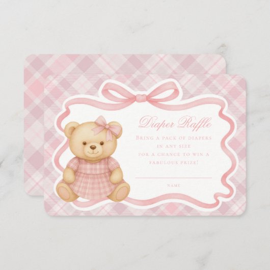 Pink Coquette Bow Bear Plaid Diaper Raffle Card Informatiekaartje (Voorkant / Achterkant)