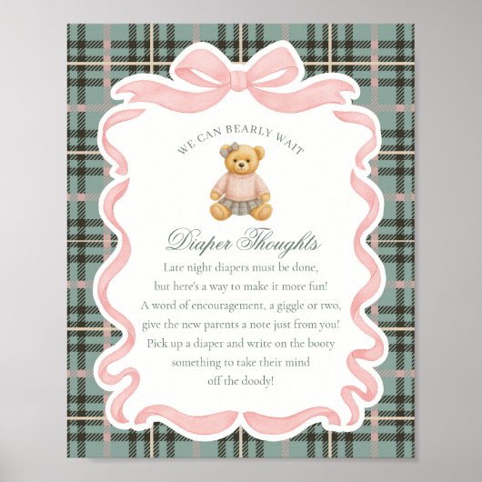 Pink Coquette Bow Bear Plaid Diaper Thoughts Poster (Voorkant)