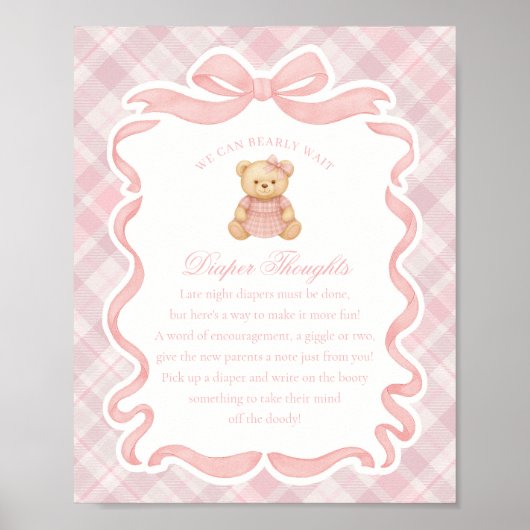 Pink Coquette Bow Bear Plaid Diaper Thoughts Poster (Voorkant)