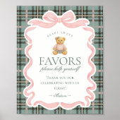 Pink Coquette Bow Bear Plaid Party Favors Sign Poster (Voorkant)
